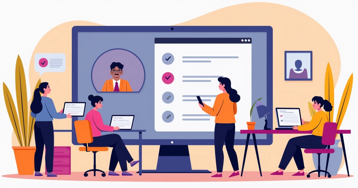 Equipe remota reunida em uma videoconferência, cada um em ambiente diferente, olhando para uma tela compartilhada com checklist digital.