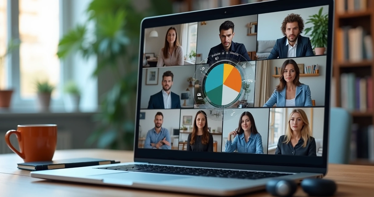 Equipe remota em videoconferência com mapa emocional digital ao centro 