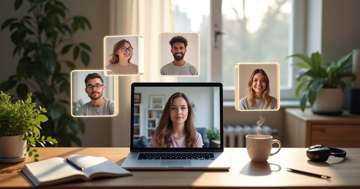 Equipe remota conectada em ambiente sereno de trabalho online 