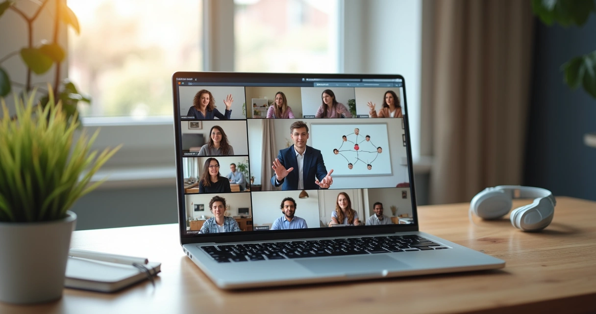 Equipe remota em videoconferência com consultora facilitando conversa sobre bem-estar 