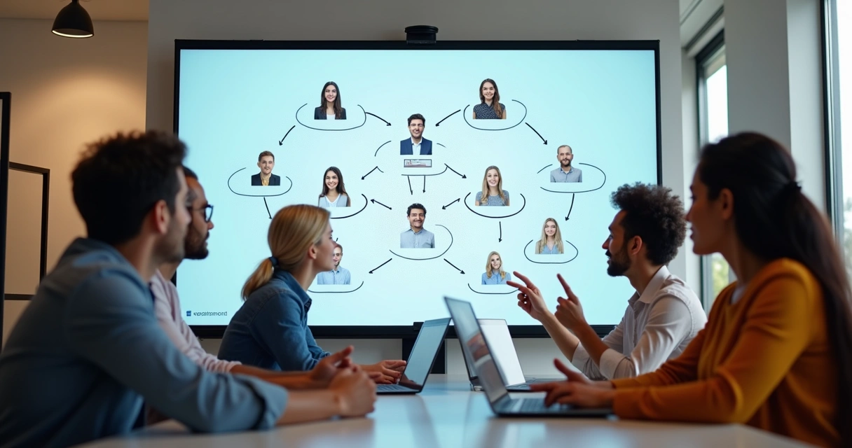 Equipe remota em videoconferência analisando quadro digital 