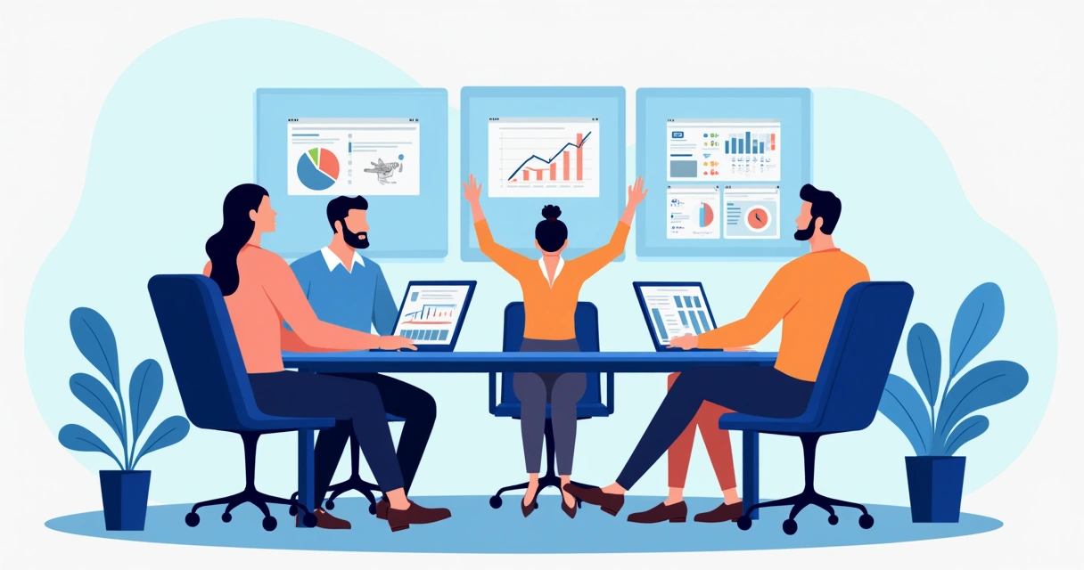 Conjunto de profissionais ao redor de uma mesa virtual, discutindo metas e entregas, laptops abertos e gráficos na tela, ambiente clean, luz natural