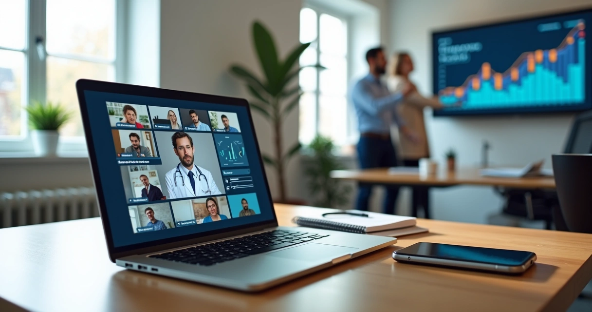 Equipe remota em reunião online discutindo saúde corporativa na tela do laptop 