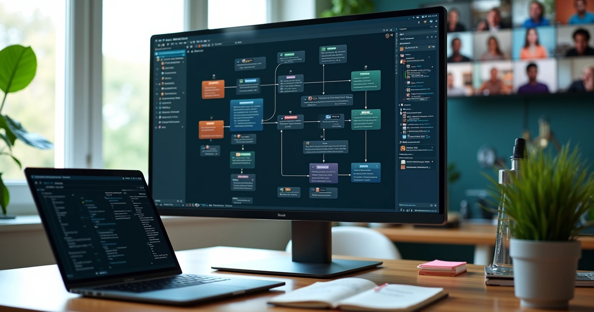 Equipe remota colaborando em versão de diagrama de sistema na tela 