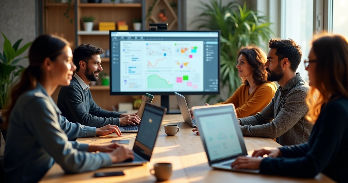 Grupo de pessoas discutindo OKRs em videoconferência 