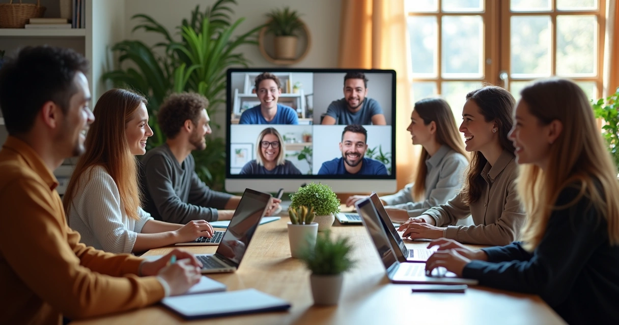 Equipe remota participando de videoconferência, em ambiente iluminado, cada pessoa em seu escritório 