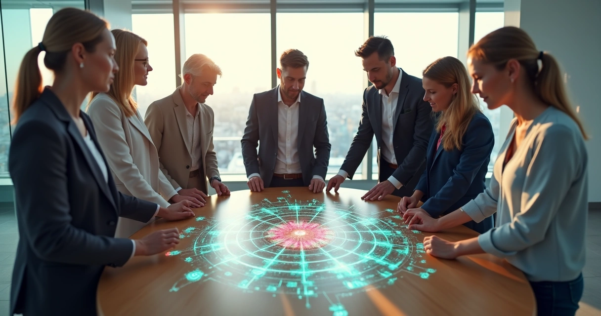 Equipe diversa em círculo conectando peças formando um sistema integrado 