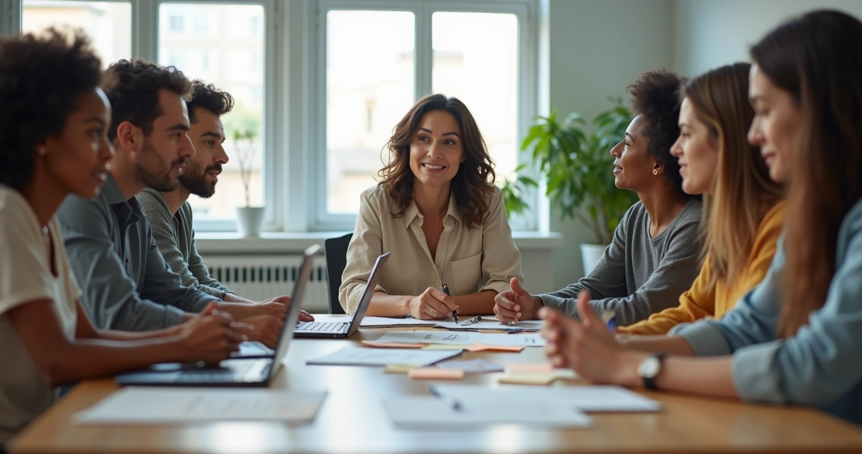 Equipe diversa em reunião colaborativa mostrando resiliência e empatia 