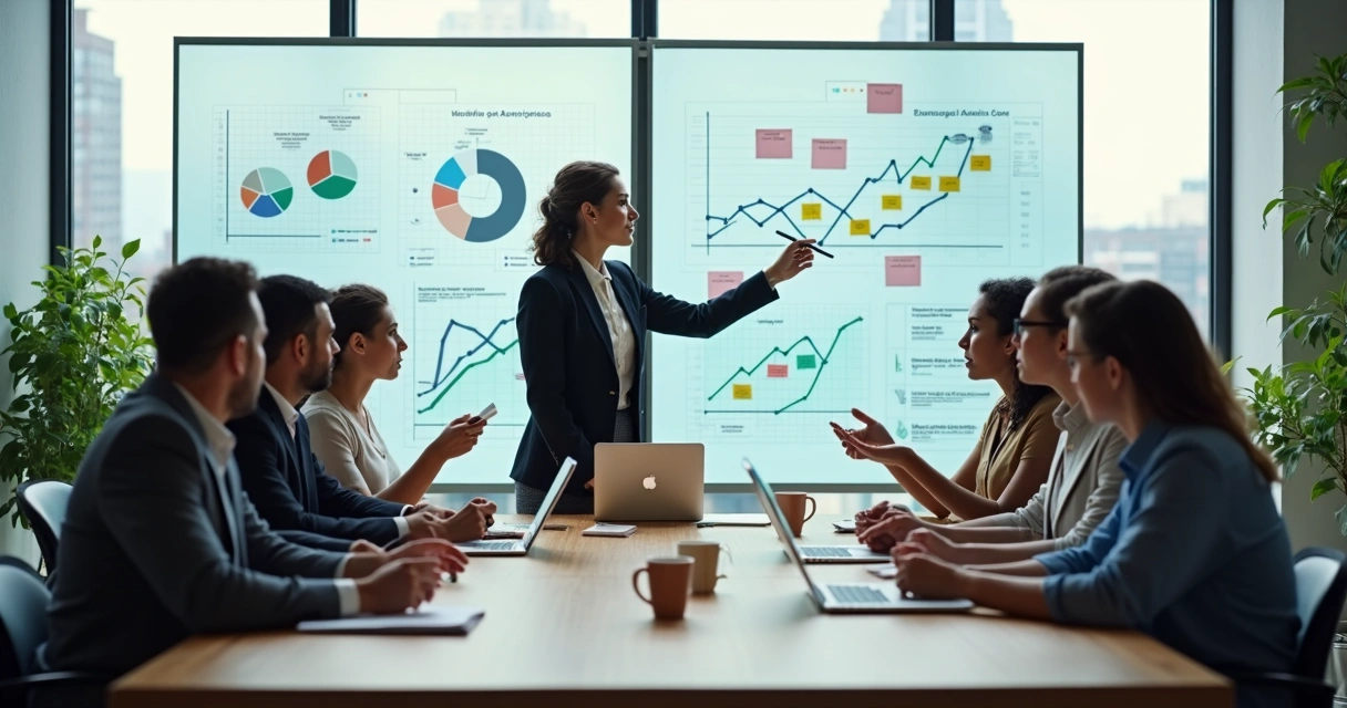 Equipe em reunião estratégica diante de painel com gráficos de mudança 