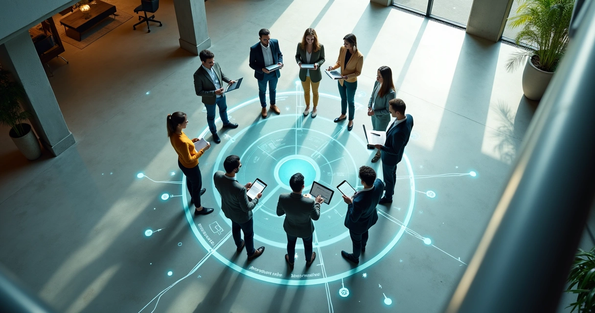 Equipe em círculo vista de cima conectada por linhas luminosas 