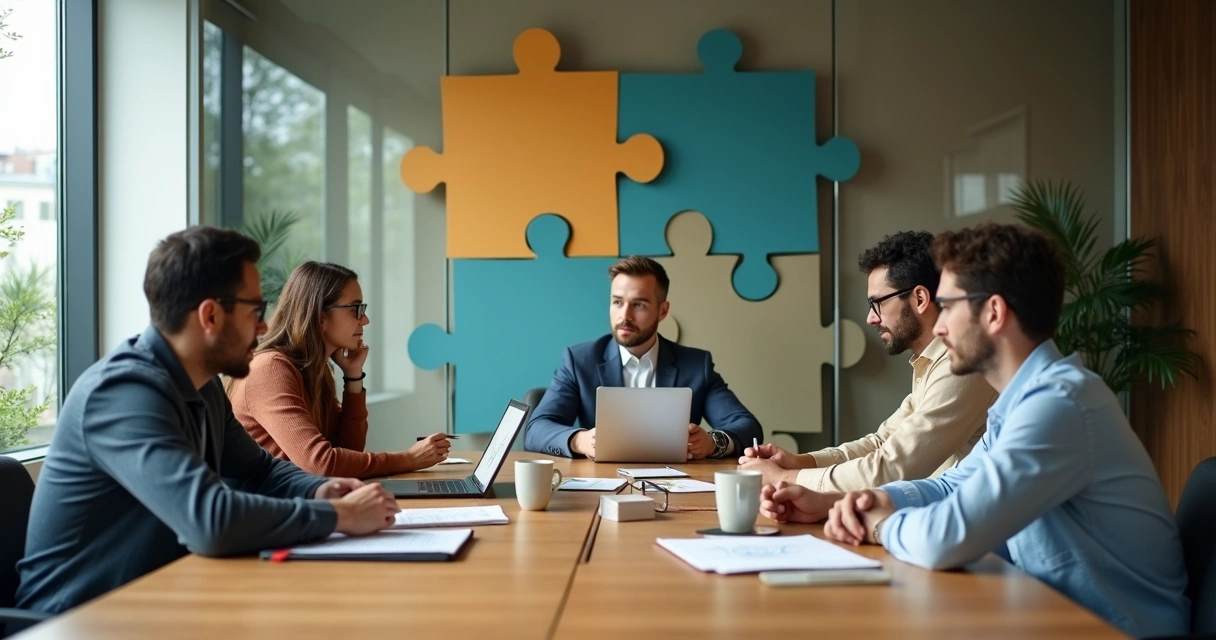 Equipe em mesa de trabalho com uma parede de peças de quebra-cabeça coloridas ao fundo 