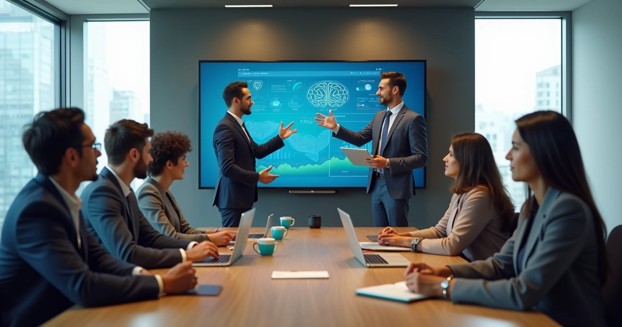 Equipe de escritório discutindo adoção de IA com líder apresentando em tela 