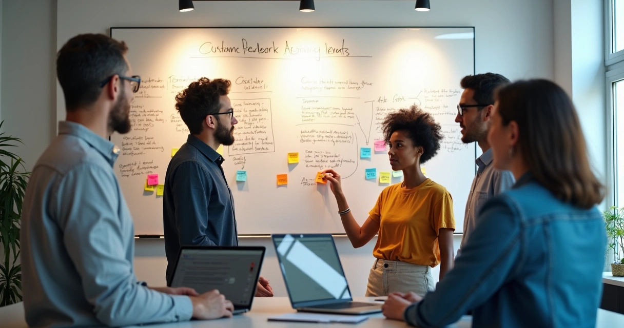 Equipe solucionando problema em reunião, com quadro branco e planos de ação escritos