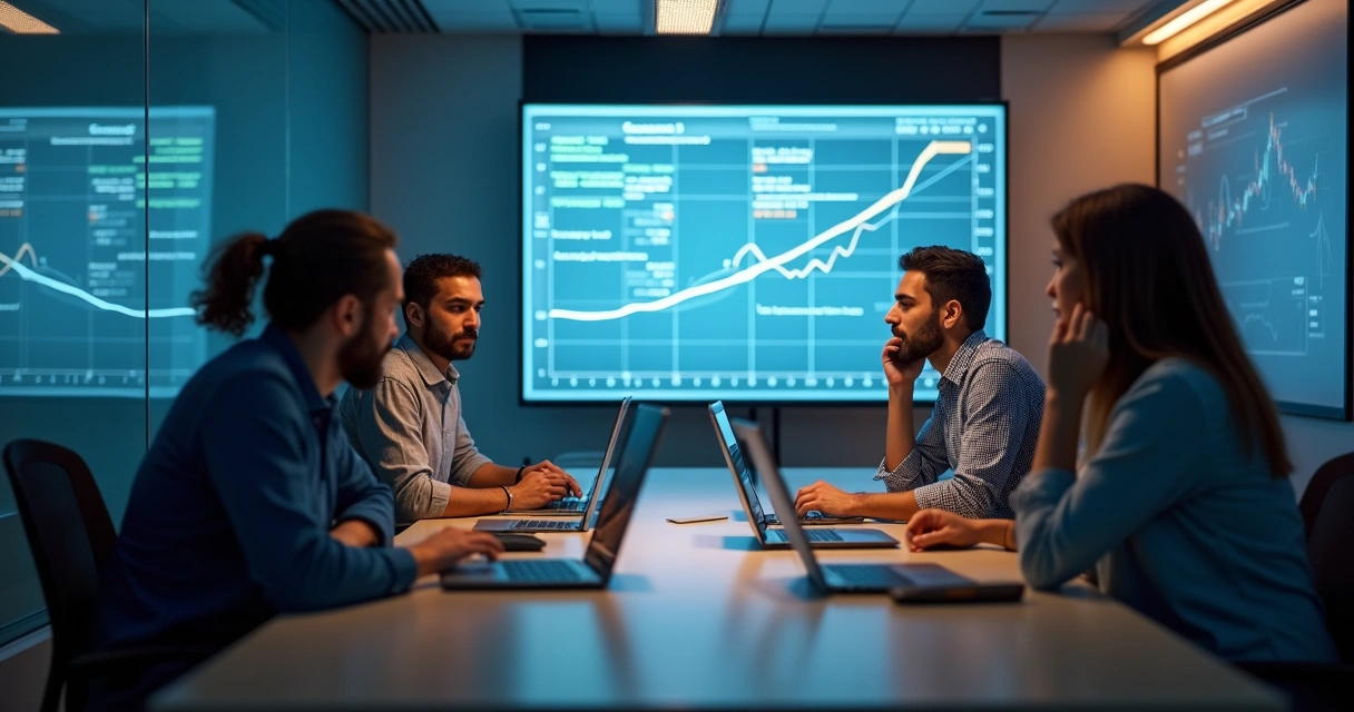 Equipe de TI reunida em sala de reuniões resolvendo uma falha técnica 