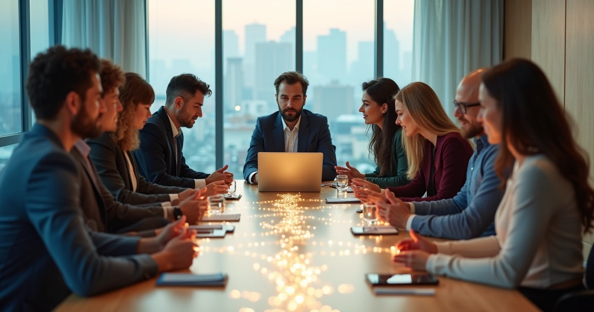 Equipe diversa em torno de mesa redonda tocando linha luminosa conectada 
