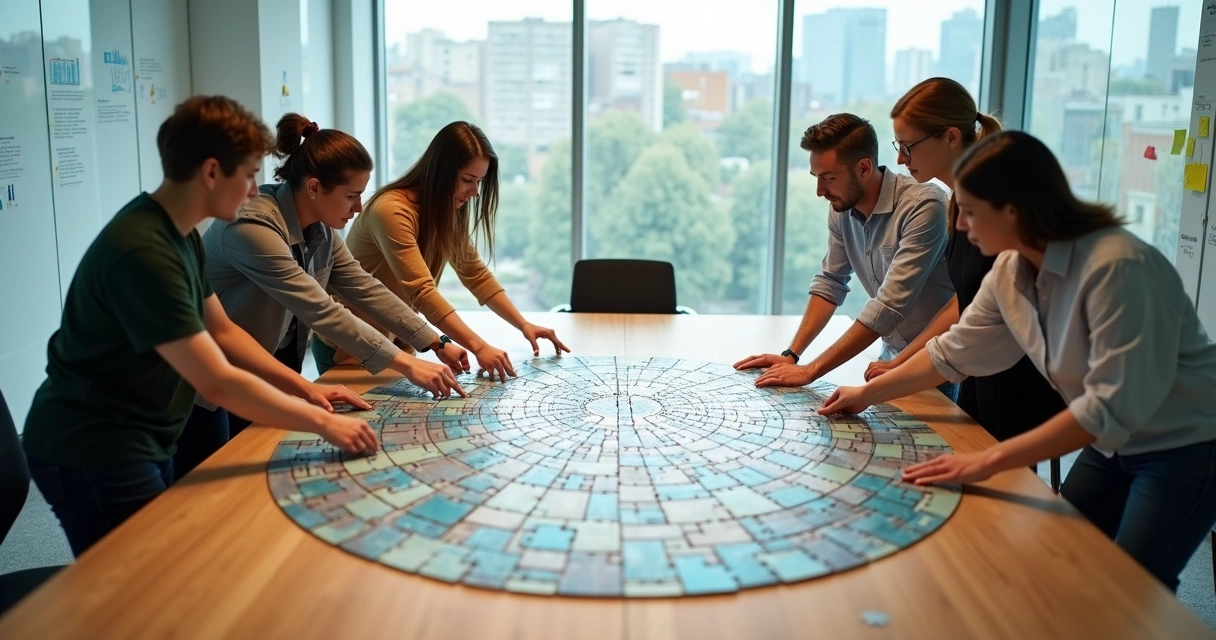 Equipe diversa montando um quebra-cabeça gigante em formato de círculo em um salão claro 