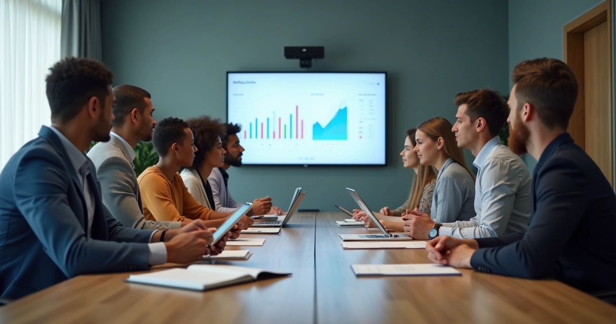Equipe de RH analisando políticas de saúde mental em reunião 