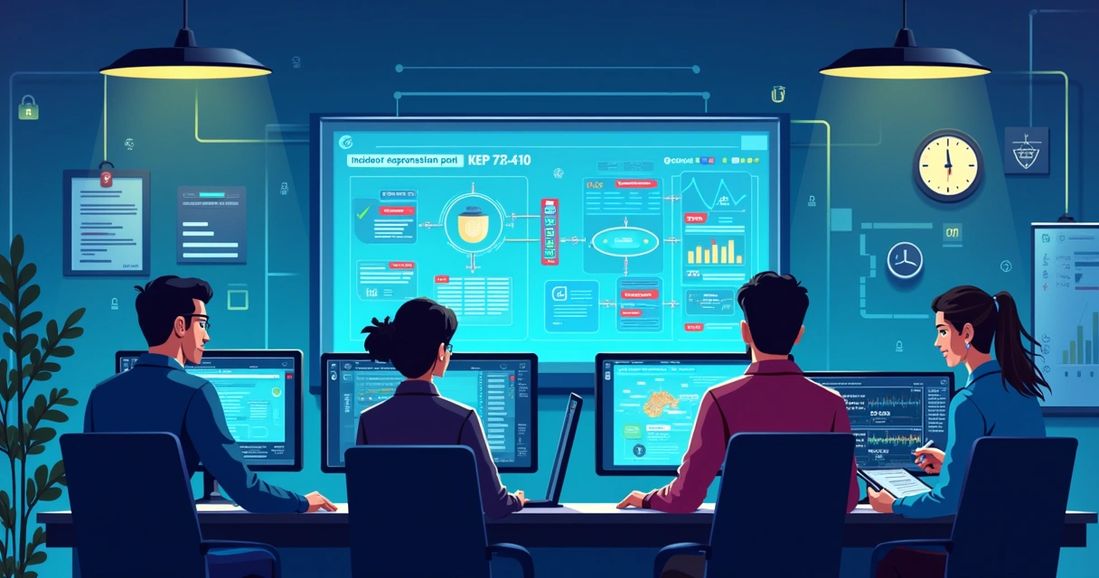 Equipe de resposta a incidentes cibernéticos em uma sala de controle moderna, com gráficos e planos