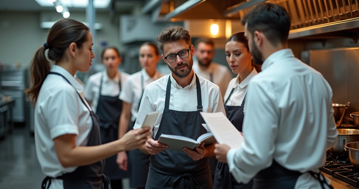 Equipe de restaurante sendo treinada por consultor usando manual ao lado de fogão industrial 