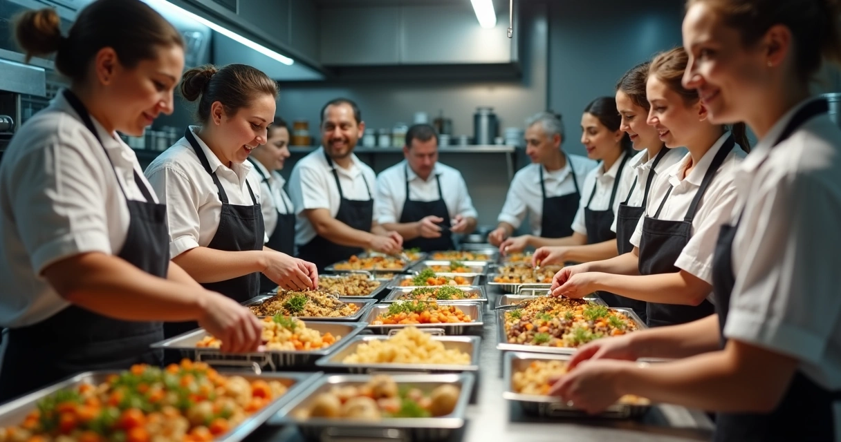 Equipe de restaurante preparando pedidos de catering 