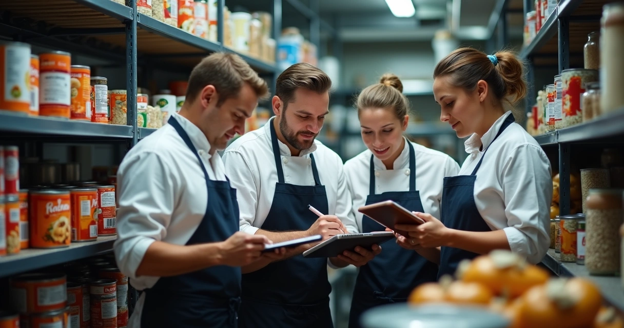 Equipe de restaurante fazendo contagem de estoque juntos 