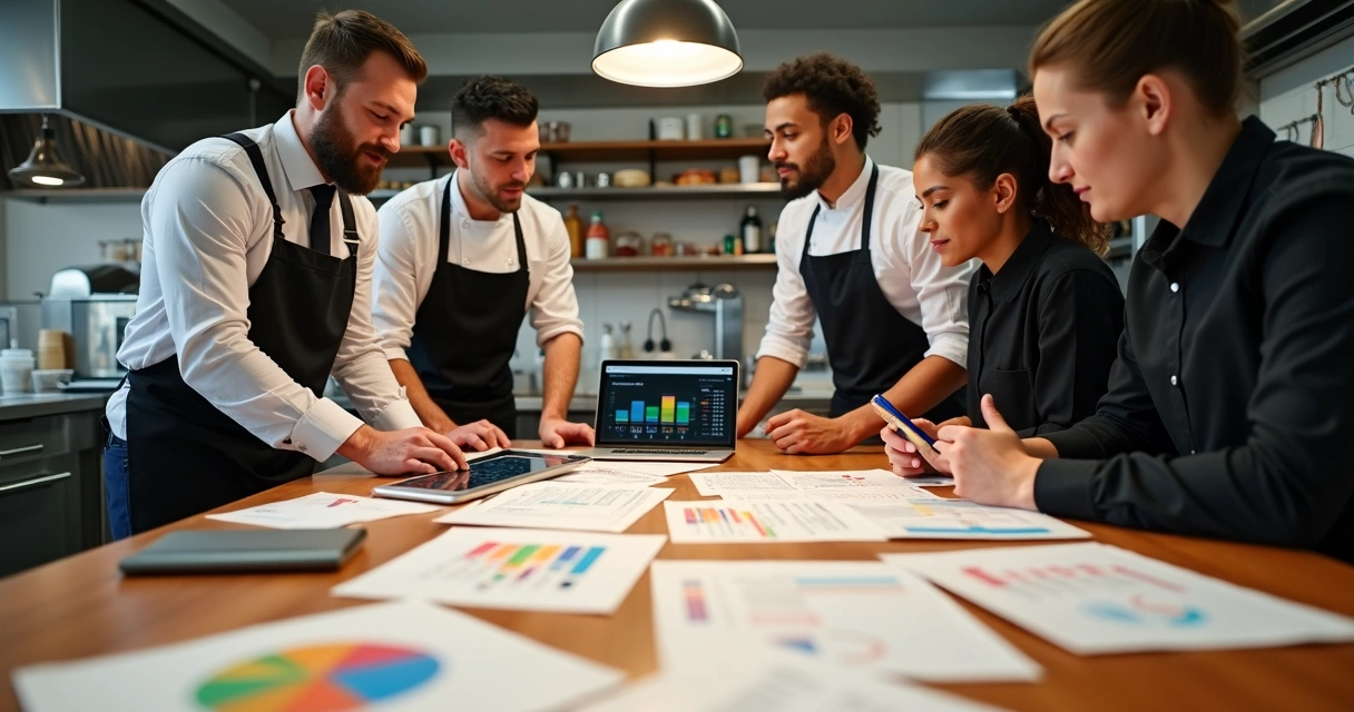Equipe de restaurante reunida analisando custos em planilha e tablet 