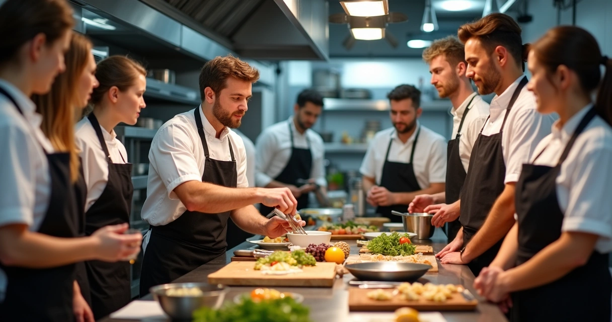 Equipe de restaurante recebe treinamento na cozinha 