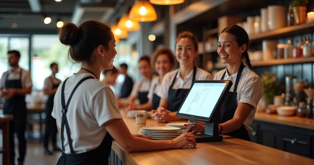 Equipe de restaurante satisfeita em volta do POS 