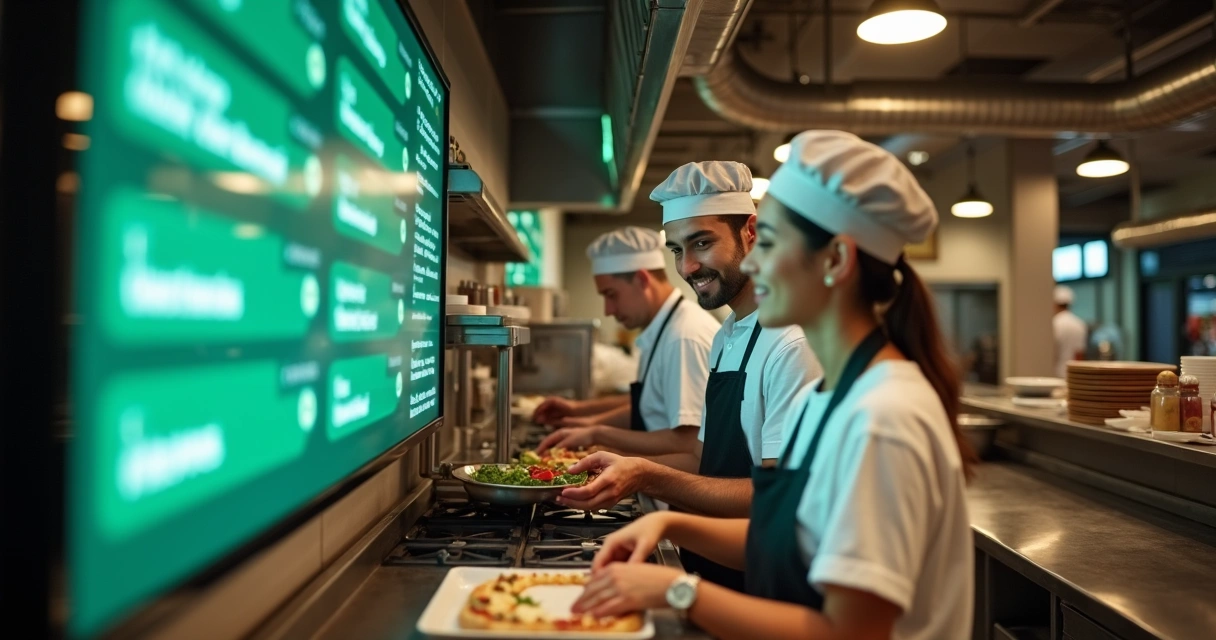 Equipe de restaurante feliz trabalhando com pedidos automatizados