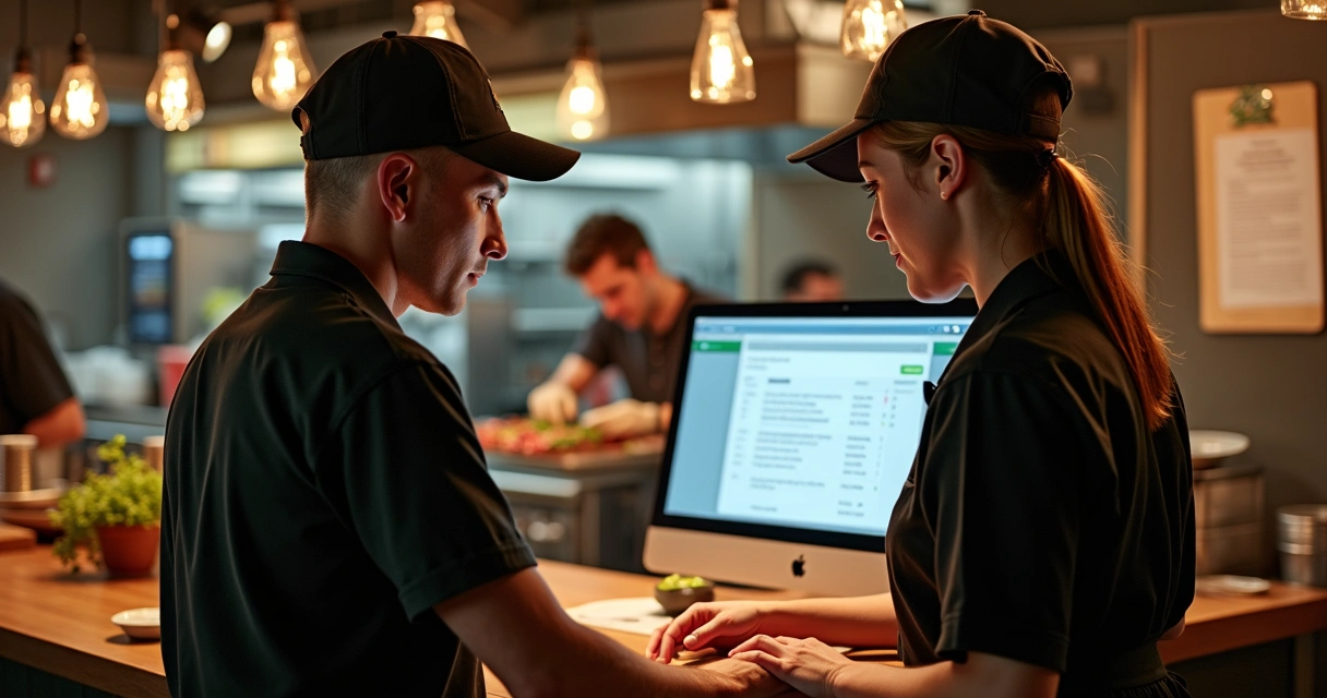 Equipe de restaurante gerenciando pedidos pelo WhatsApp Web no computador 