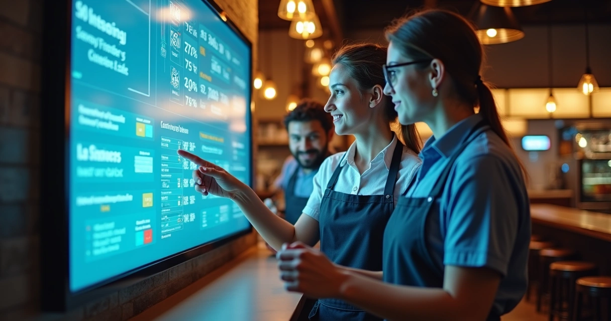 Equipe de restaurante reunida analisando painéis digitais 