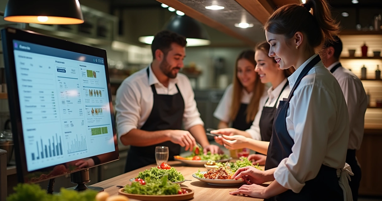 Equipe de restaurante usando tela de PDV integrada ao fundo 
