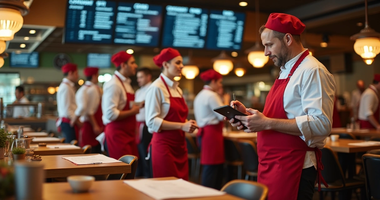 Equipe de restaurante dividindo tarefas em ambiente de trabalho 