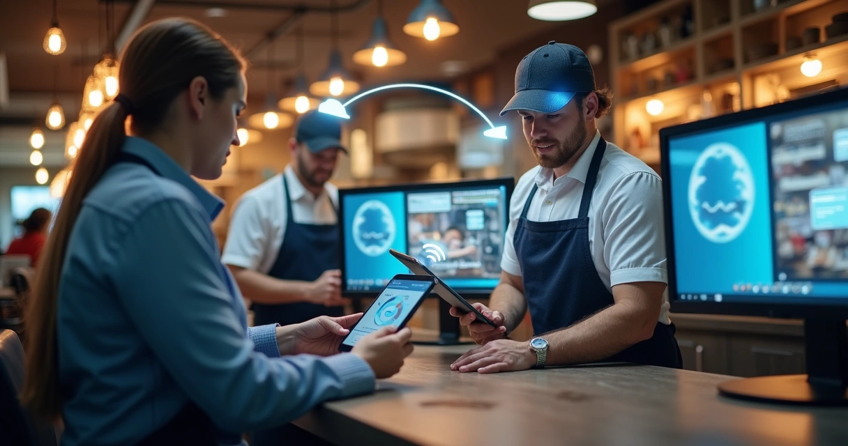 Equipe usando sistema na nuvem em unidades de restaurante 