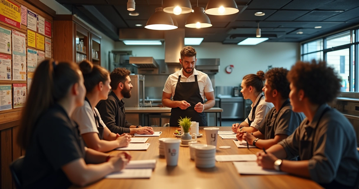 Equipe de restaurante em reunião com gestor 