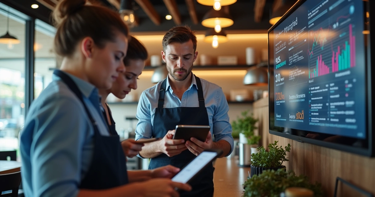 Equipe de restaurante usando dispositivos digitais para gestão 