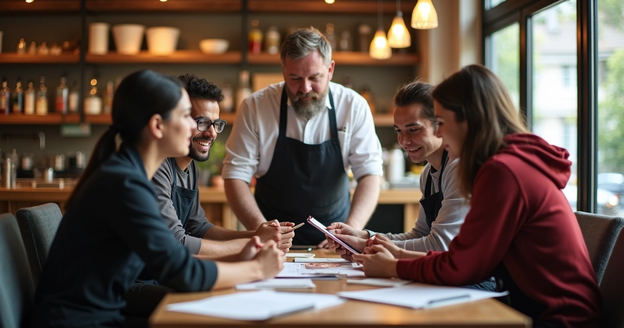 Equipe de restaurante reunida no salão, discutindo gestão 