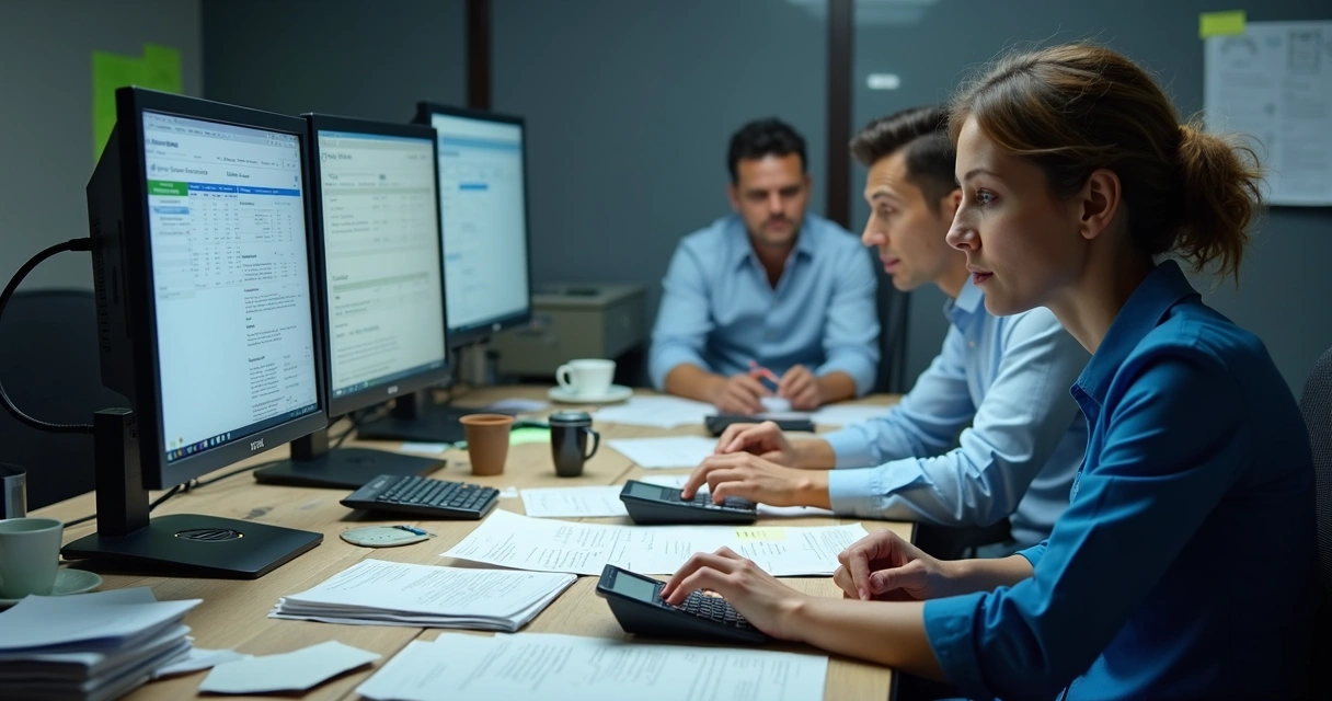 Equipe contábil lidando com retrabalho e documentos na mesa 