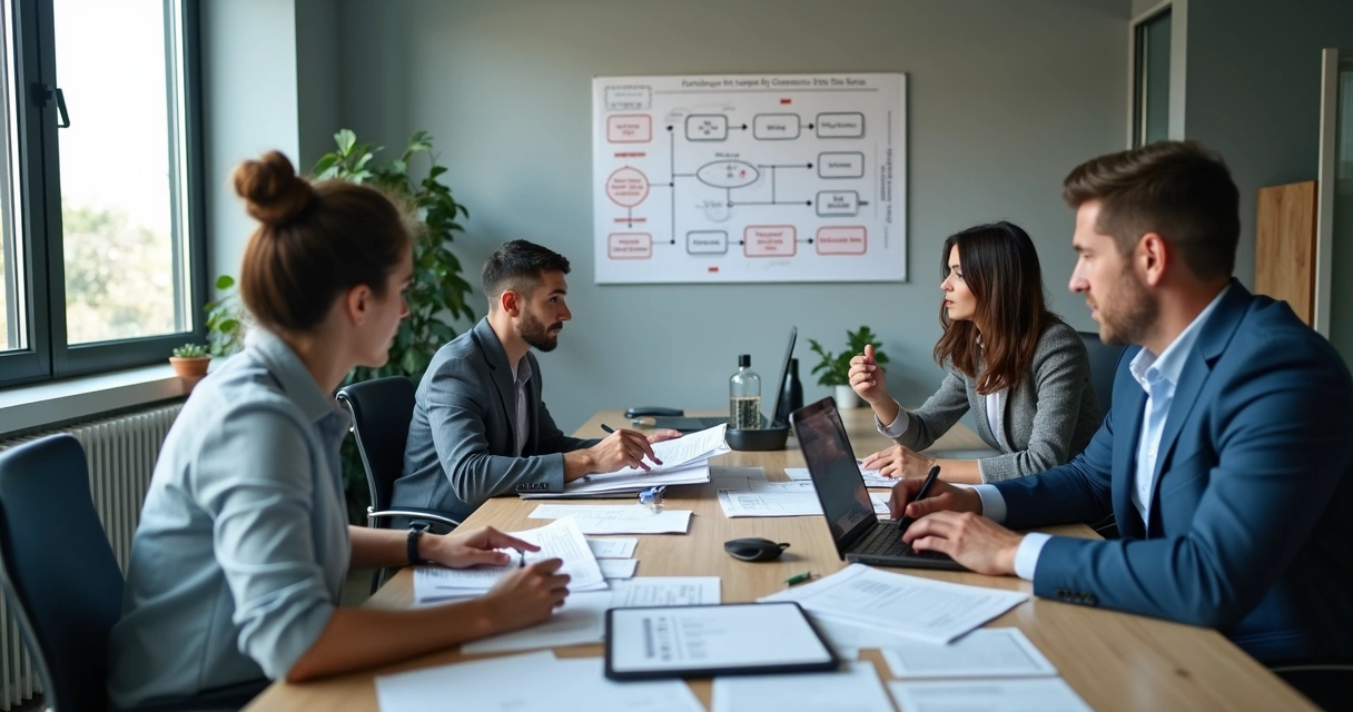 Equipe revisando documentos com retrabalho no escritório 