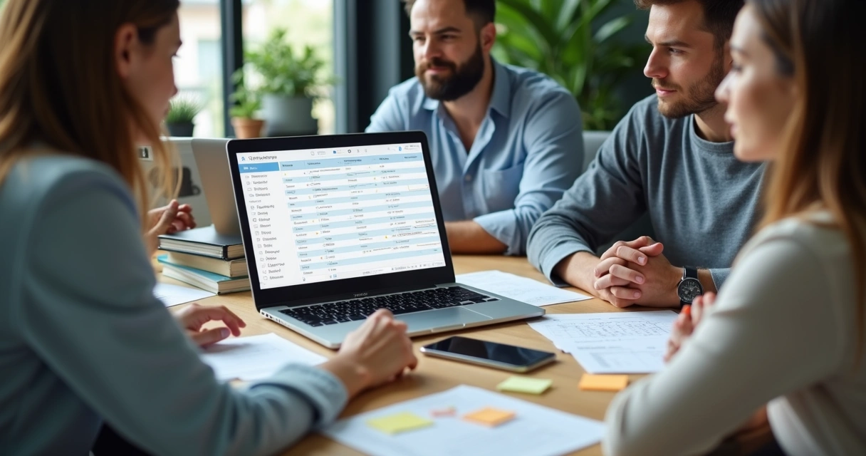 Equipe reunida analisando agenda e tarefas em notebook 