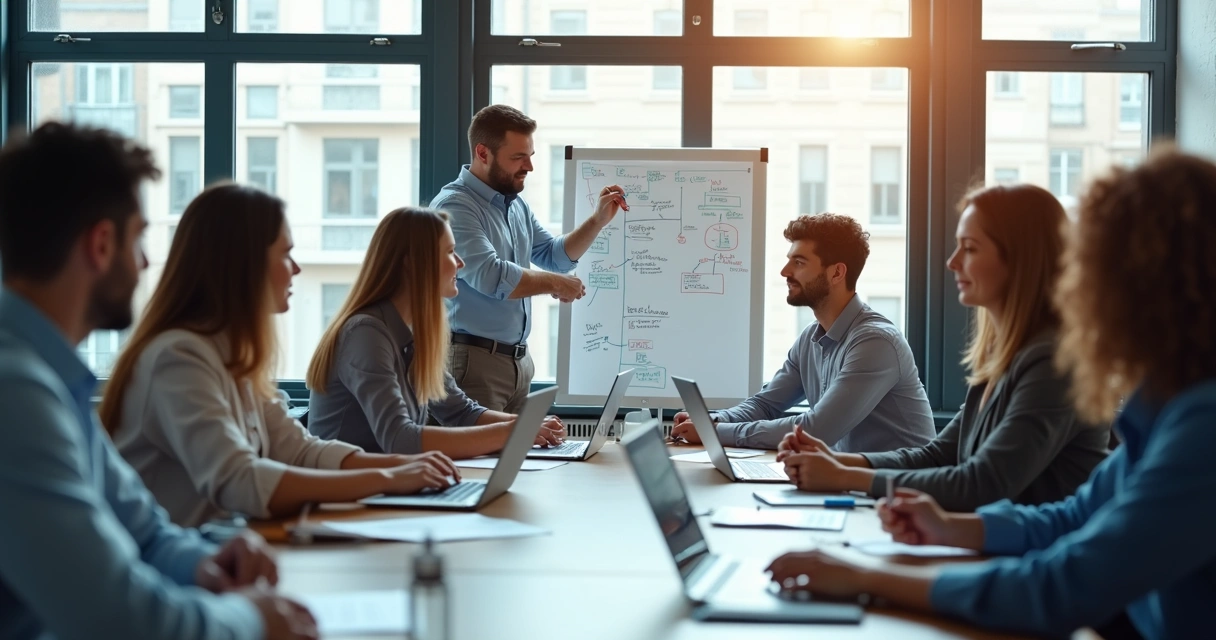 Equipe reunida em mesa ajustando estratégia digital 
