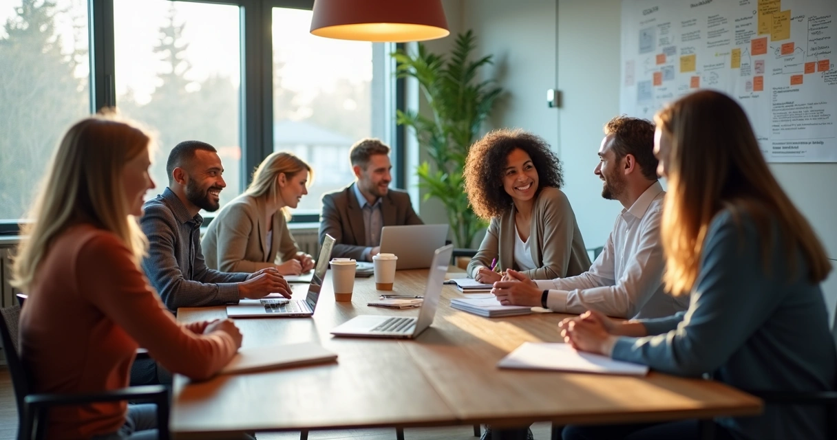 Equipe em reunião colaborativa com expressões acolhedoras 