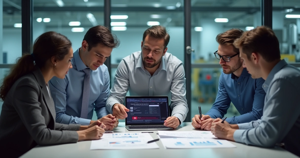 Equipe reunida análise alerta fábrica alimentos 