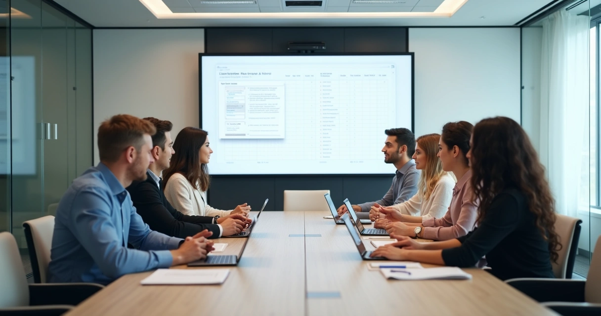 Equipe reunida em sala de reunião bem organizada 
