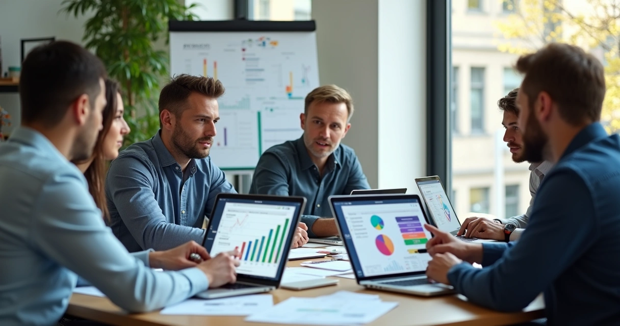 Equipe comercial e gestor em reunião, analisando planilhas de custos e resultados 