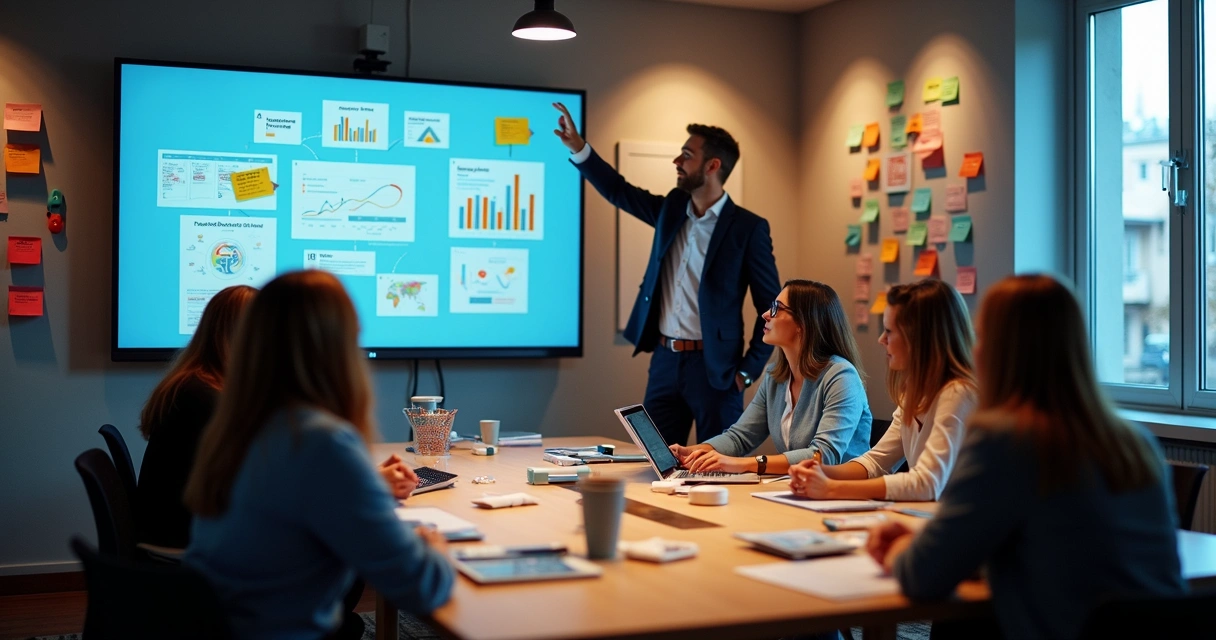 Equipe de marketing reunida analisando dados em telas grandes 