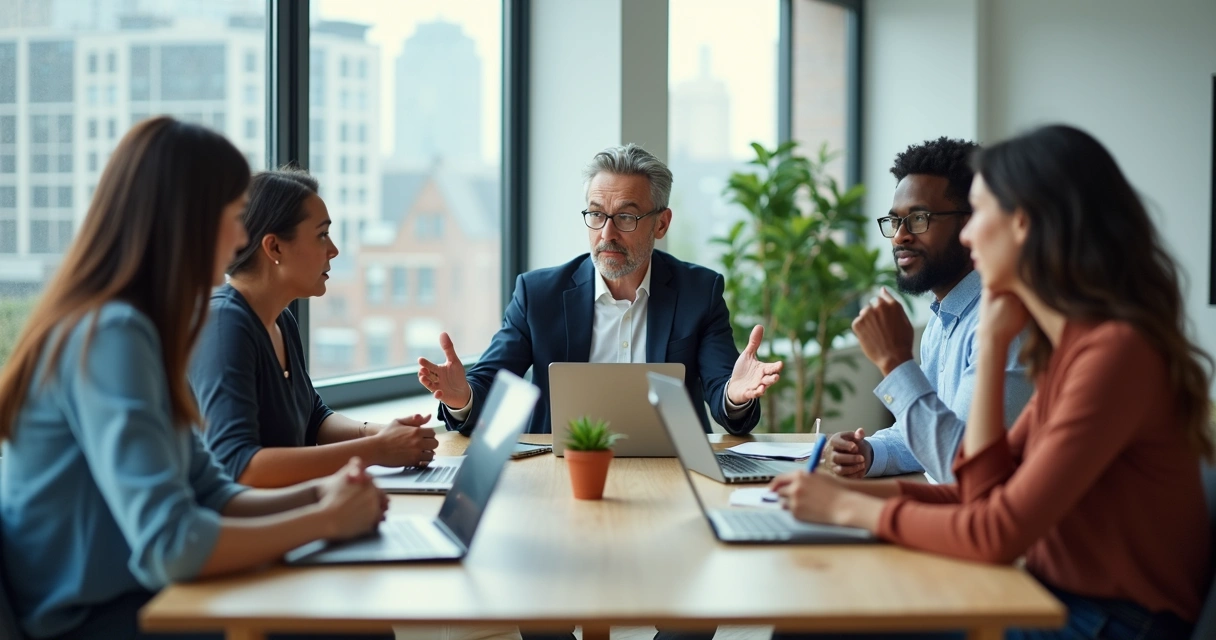 Equipe em reunião colaborativa em escritório moderno 