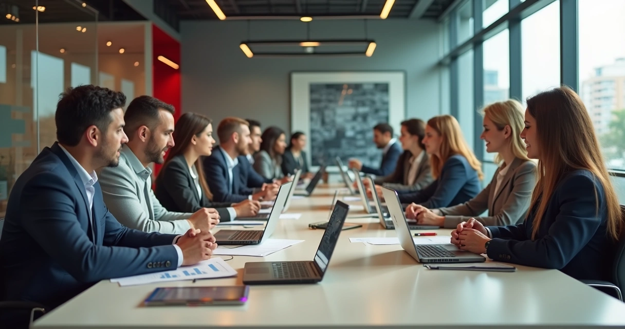 Equipe em reunião em escritório moderno do banco 