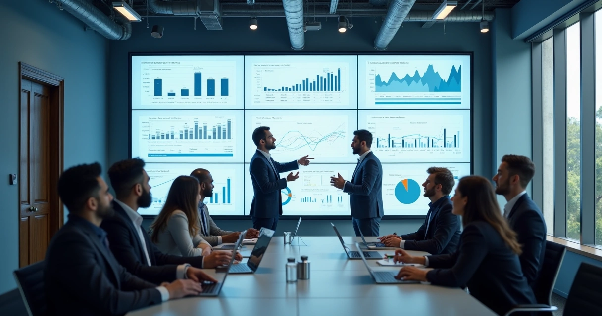 Equipe reunida analisando métricas em telas 