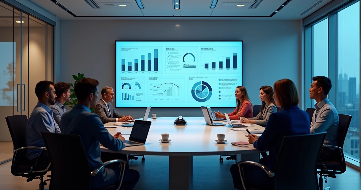 Equipe empresarial analisando dashboard de BI em reunião 